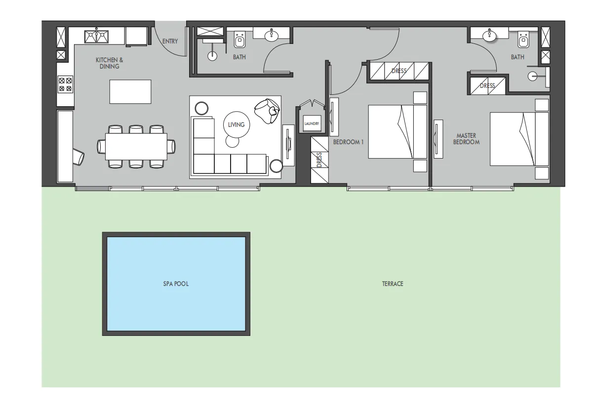 The Waterway 2 bed floor plan, 2,224 sqft