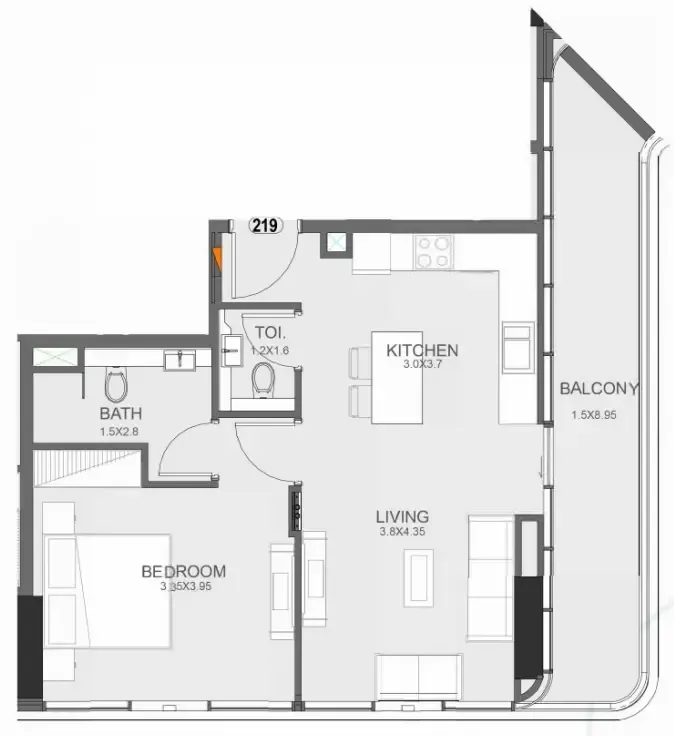 Floarea Oasis 1 bed floor plan, 762 sqft