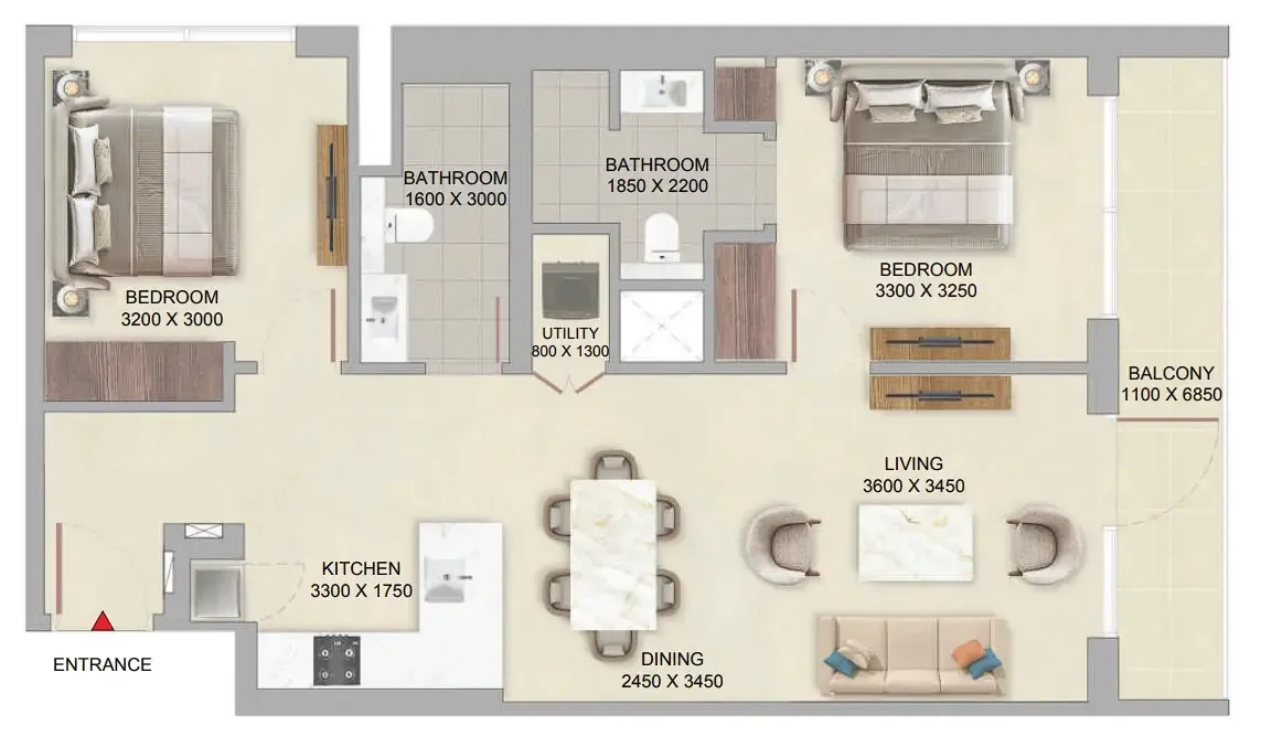 The Woods Abode at Sobha Sanctuary 2 bed floor plan, 964 sqft