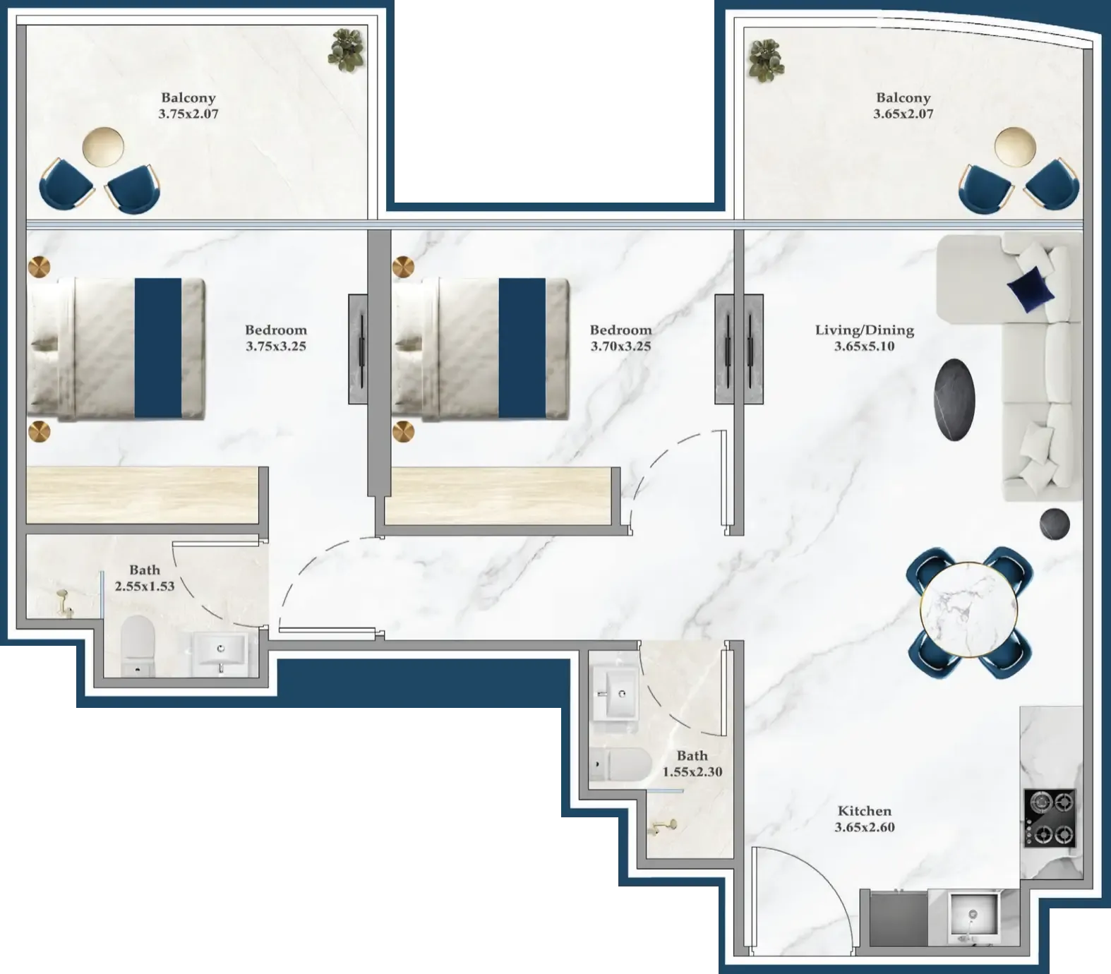 Serenz 2 bed floor plan, 853 sqft