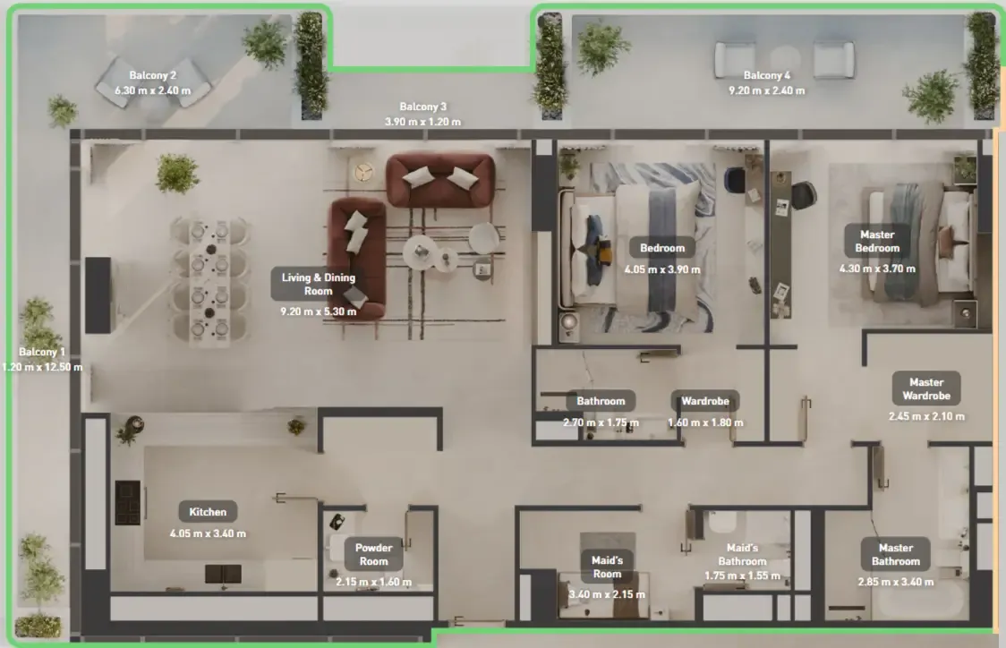 Luluat Marina at Luluat Al Raha 2 bed floor plan, 2,328 sqft