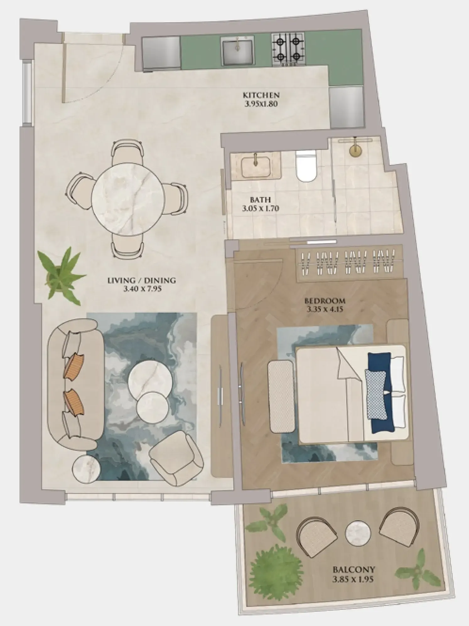 JW Marriott Residences and Resort 1 bed floor plan, 686 sqft