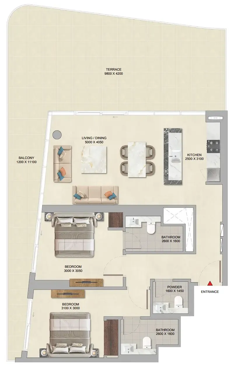 River Cove Residences at Sobha City 2 bed floor plan, 1,546 sqft
