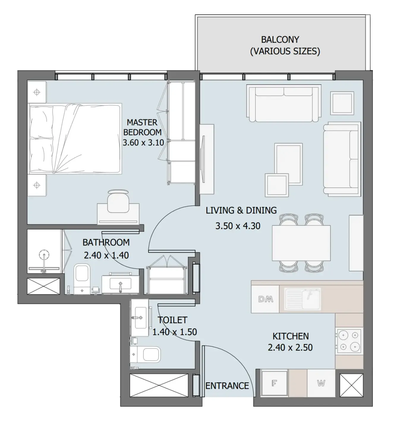 Verdana III 1 bed floor plan, 540 – 590 sqft