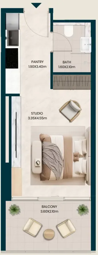 Kyomi Residences Studio floor plan, 401 sqft