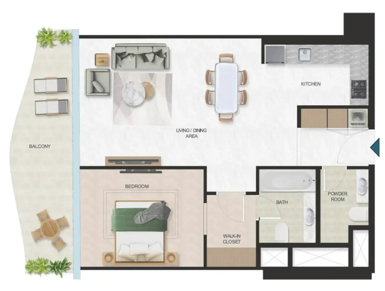 Oystra 1 bed floor plan, 951 sqft
