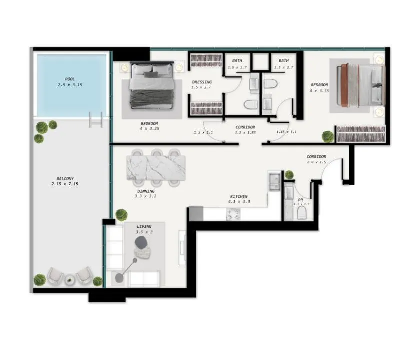 Samana Park Meadows 2 bed floor plan, 1,278 sqft
