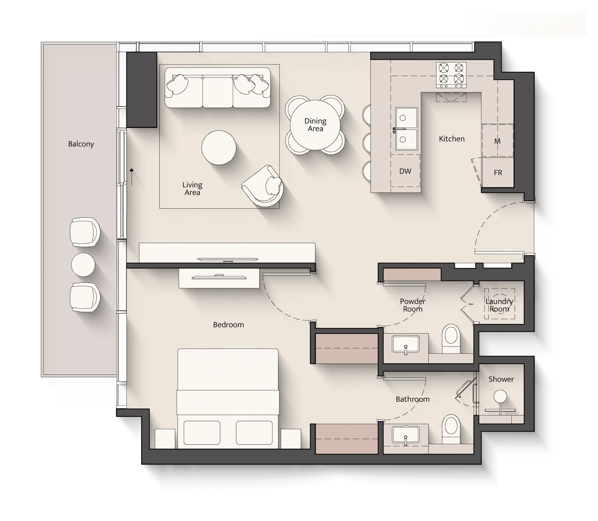 Everly Place 1 bed floor plan, 801 sqft