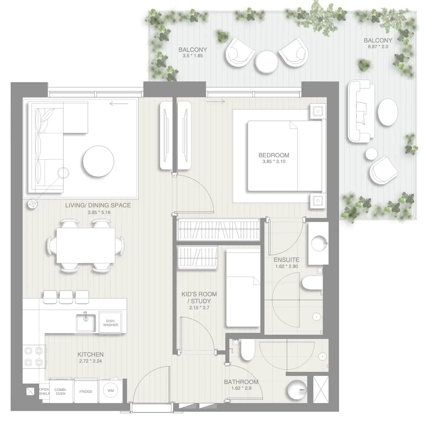 Sol Levante 1 bed floor plan, 925 sqft