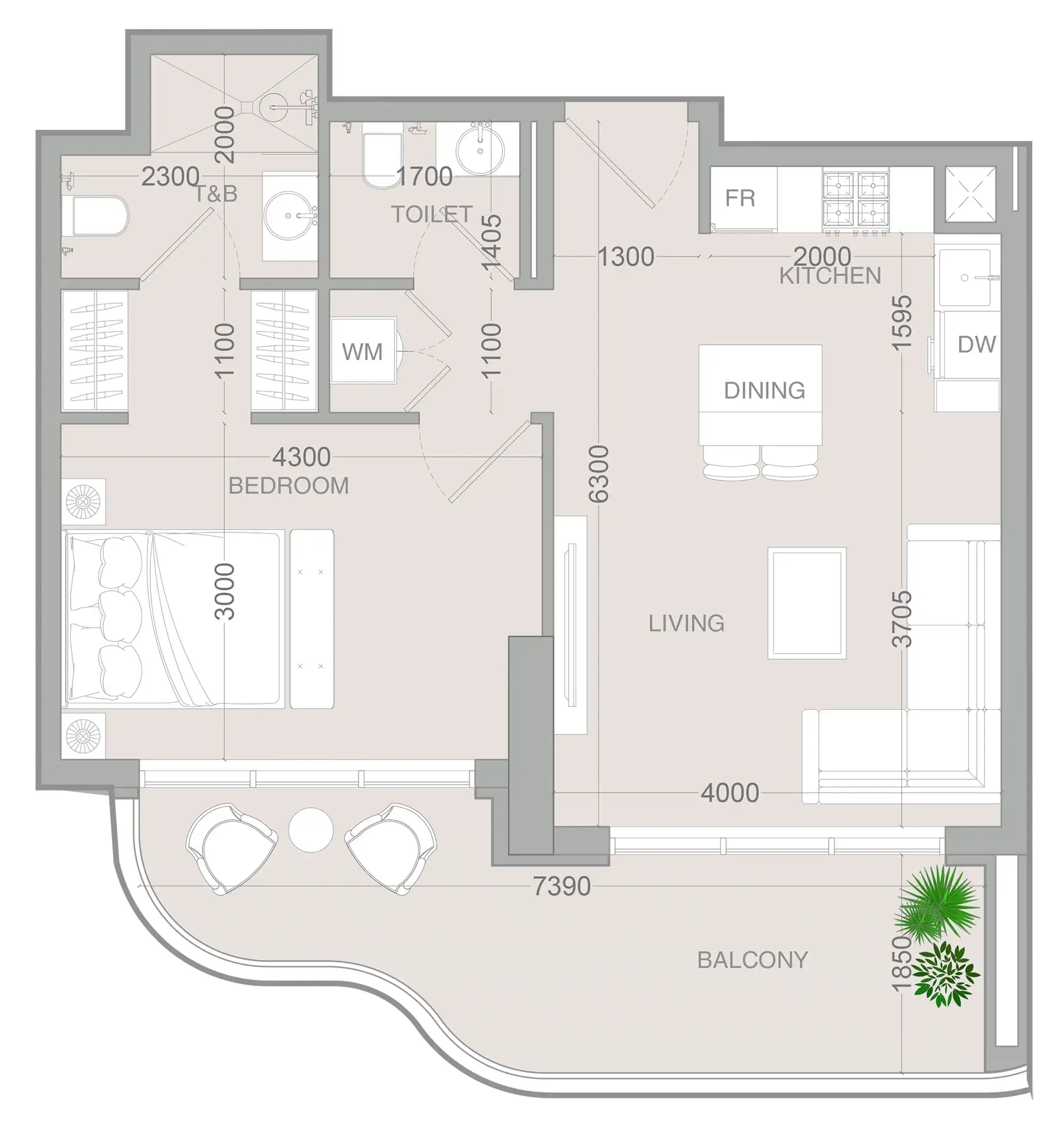 ALTA V1EW 1 bed floor plan, 728 sqft