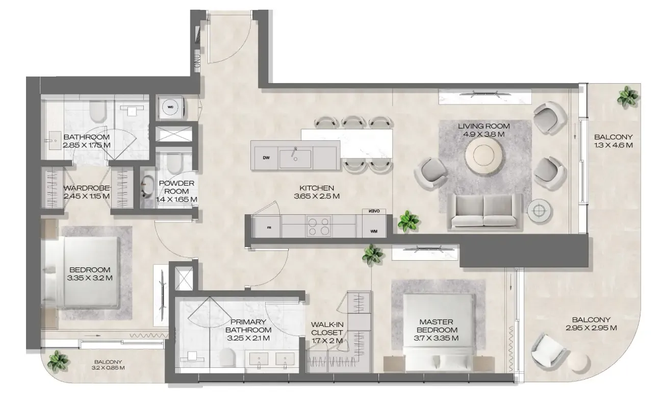 DWTN Residences 2 bed floor plan, 1,335 sqft