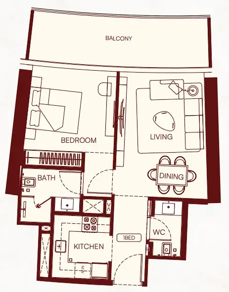 Binghatti Skyflame 1 bed floor plan, 723 sqft