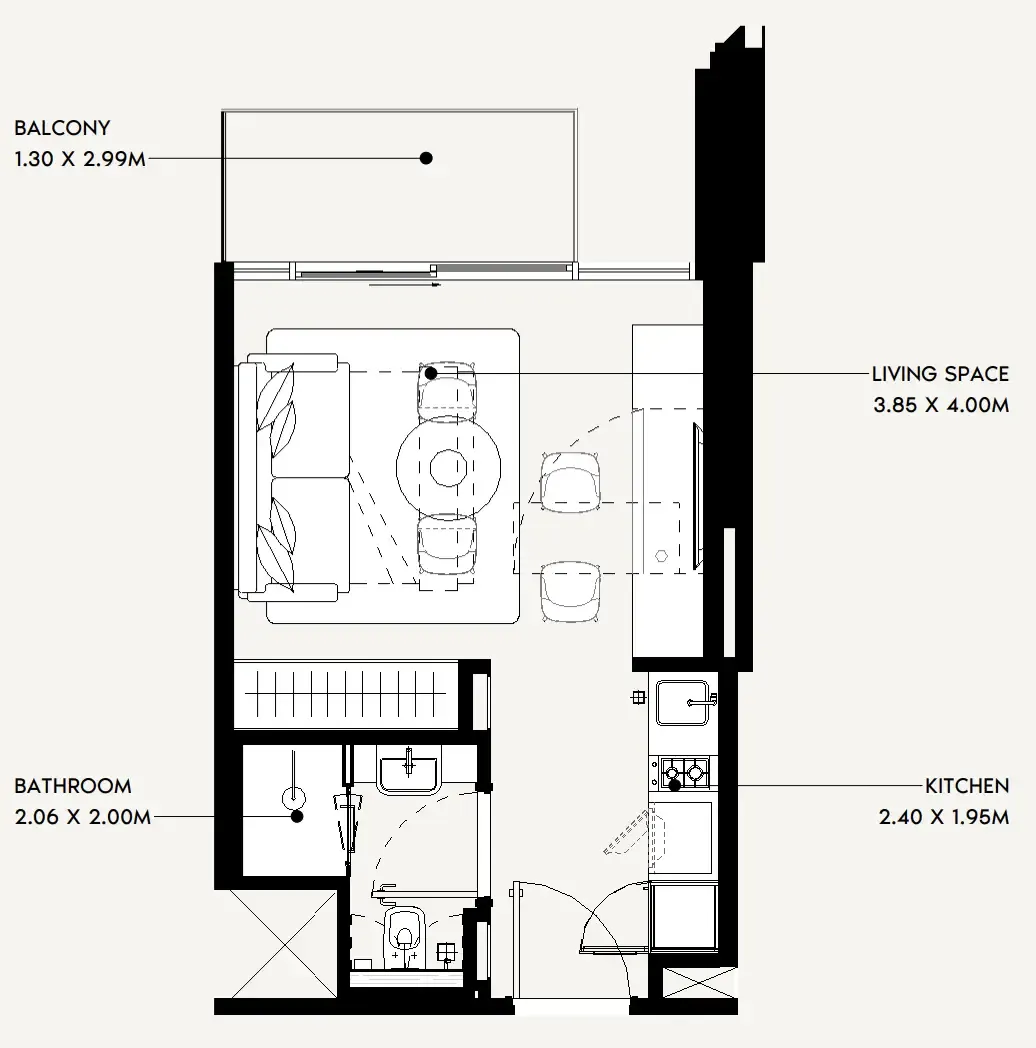 Jaddaf Beach Oasis Studio floor plan, 319 sqft