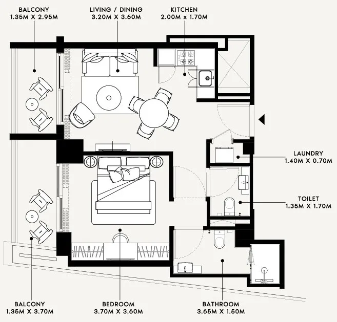 Azizi Arian 1 bed floor plan, 677 sqft