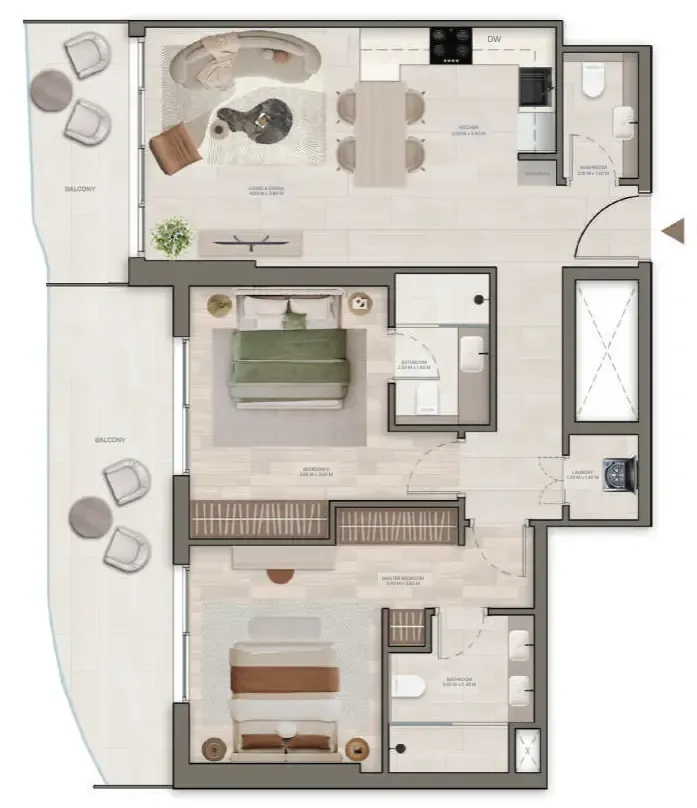 Stax 2 bed floor plan, 1,035 – 1,116 sqft