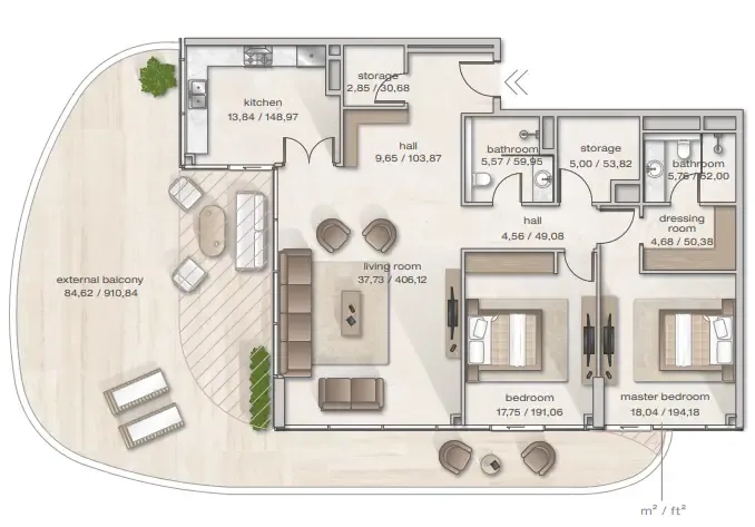 Zephyra Residences 2 bed floor plan, 2,398 sqft