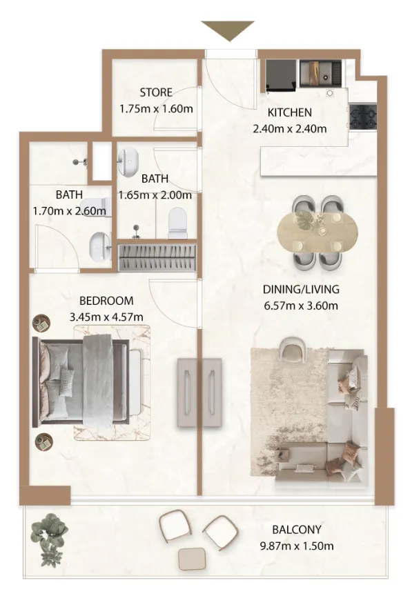 Veda by AUM Development 1 bed floor plan, 814 sqft