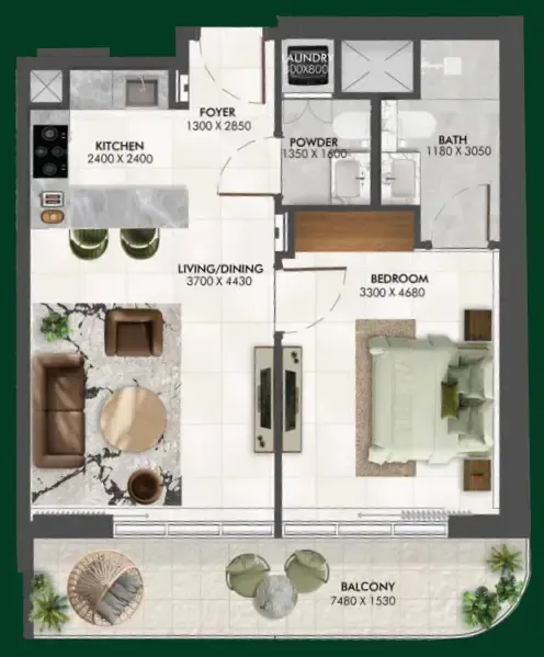 Enchante 1 bed floor plan, 696 sqft