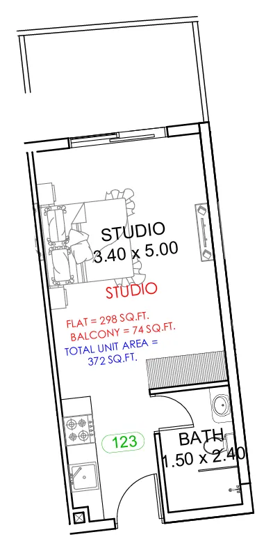 Astra South Studio floor plan, 370 sqft