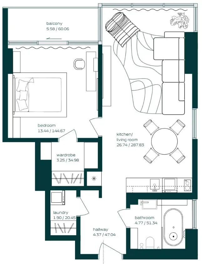 Vibe 1 bed floor plan, 730 sqft