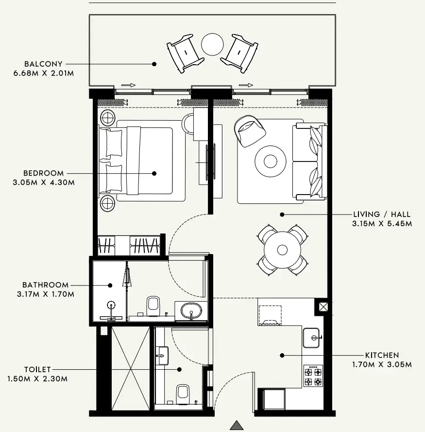 Azizi Venice 1 bed floor plan, 734 sqft