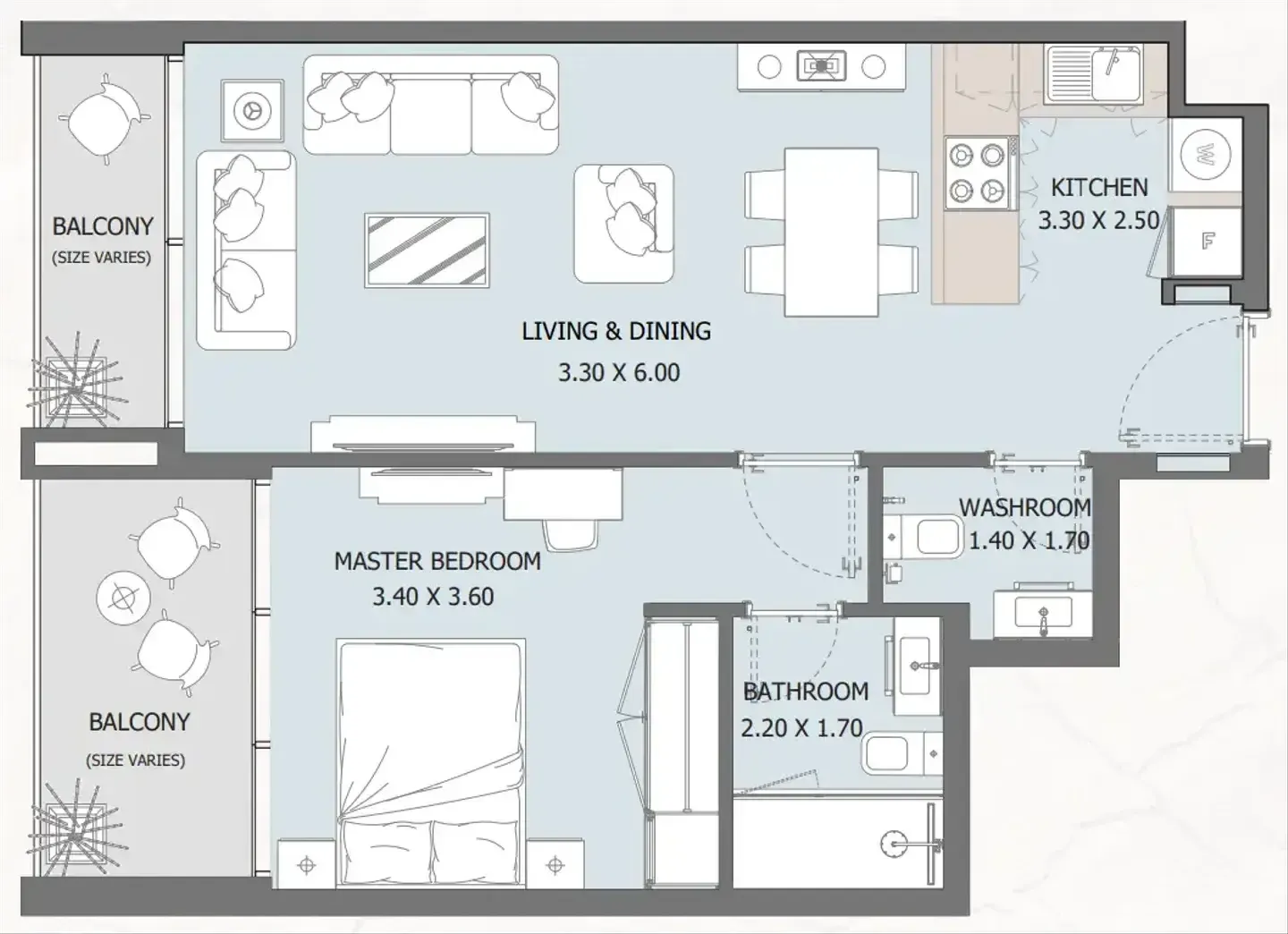Verdana Residence 2 1 bed floor plan, 783 – 892 sqft