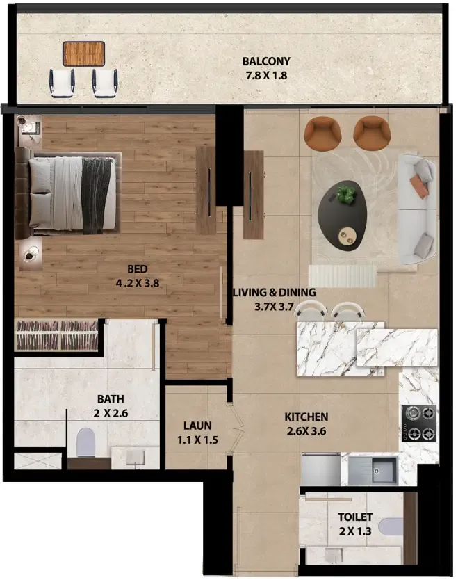 Marquis One 1 bed floor plan, 759 – 777 sqft