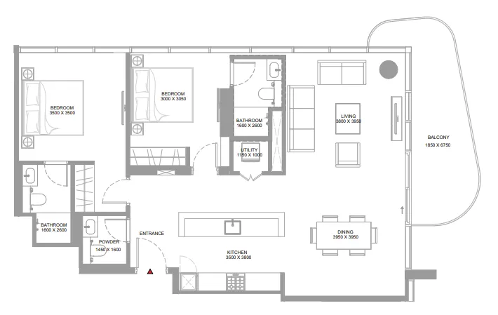 Yachtside Marina Residences 2 bed floor plan, 1,221 – 1,230 sqft