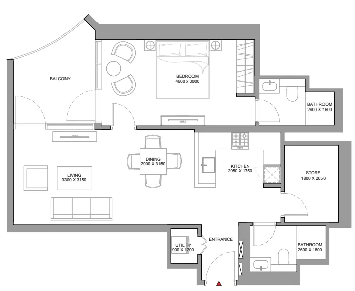 Skyvue Stellar 1 bed floor plan, 877 sqft