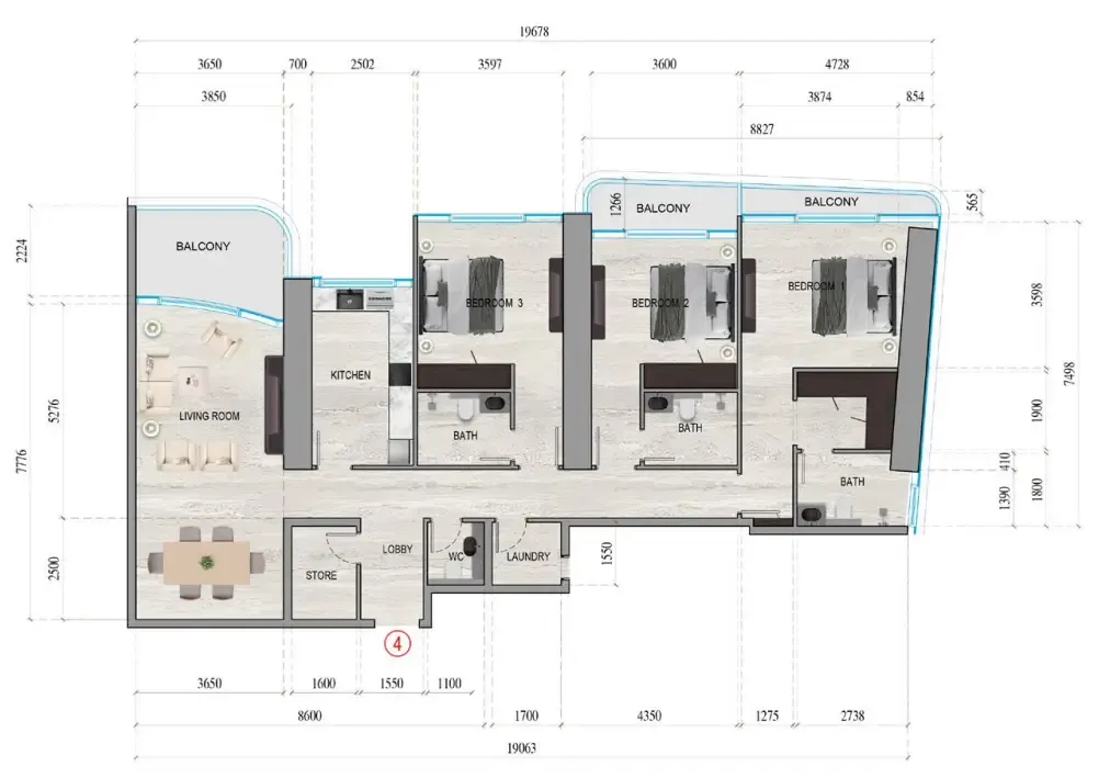 Al Ghaf Tower 3 bed floor plan, 1,910 sqft