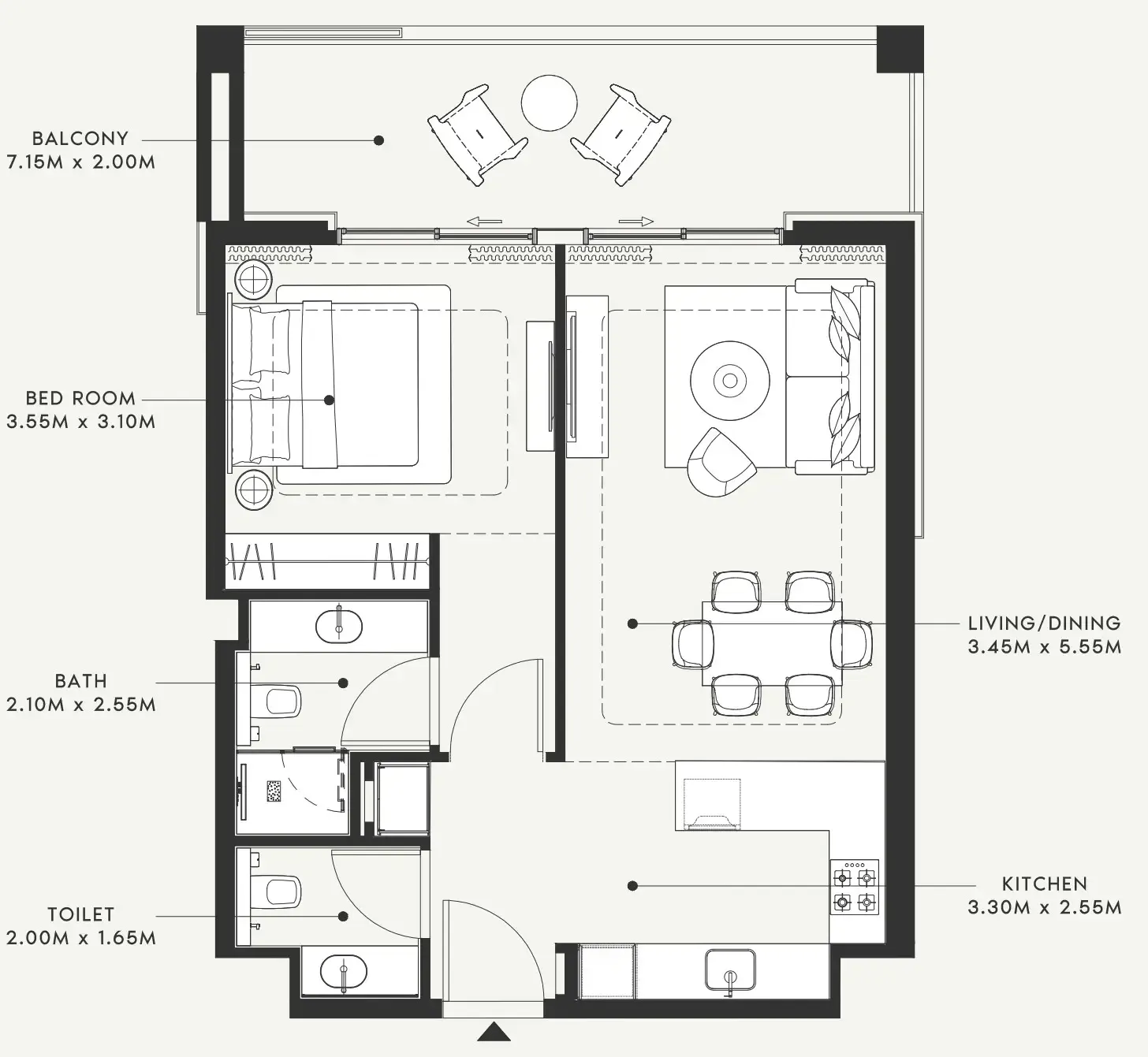 Riviera 58 1 bed floor plan, 809 sqft