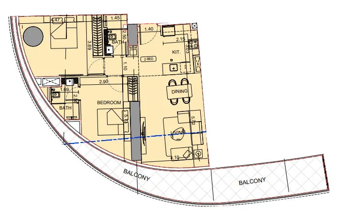 Binghatti Aquarise 2 bed floor plan, 1,276 sqft