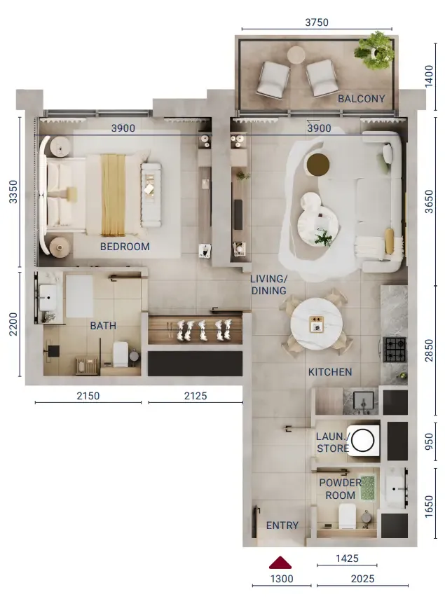 Mirdad 1 bed floor plan, 697 sqft