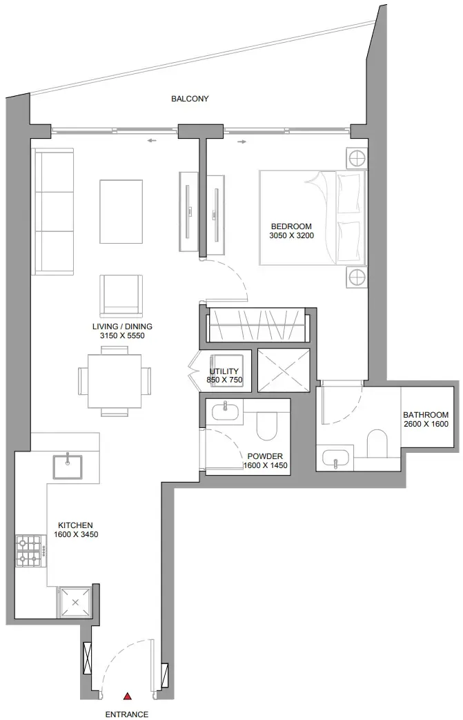 The Horizon at Sobha Central 1 bed floor plan, 744 sqft