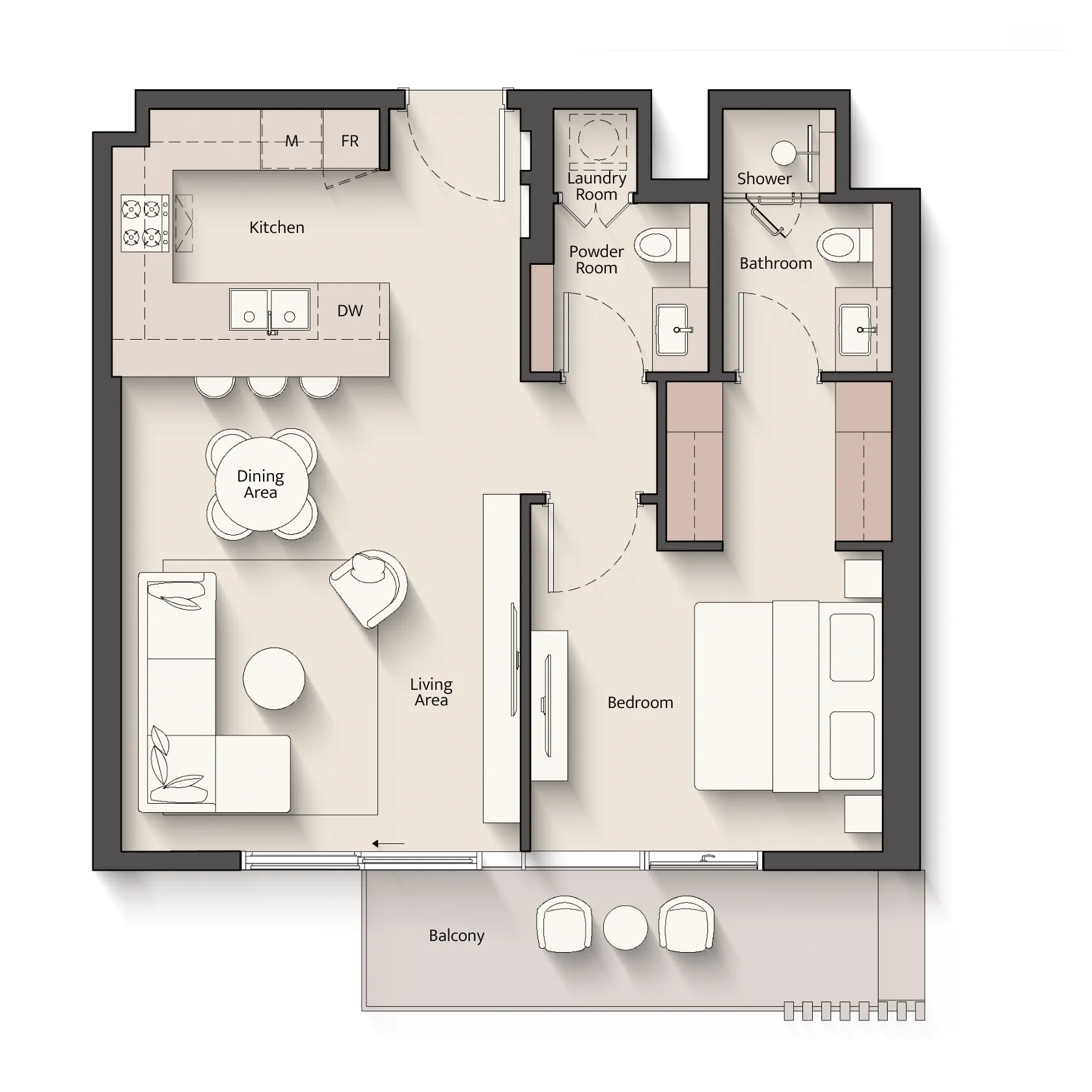 Everly Place 1 bed floor plan, 693 – 828 sqft