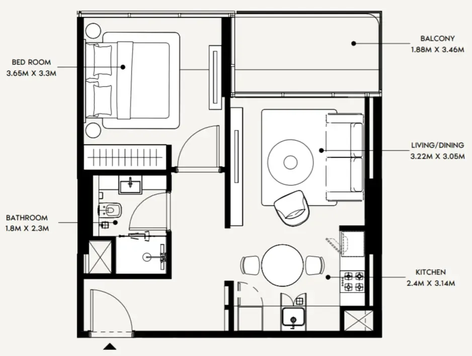 Creek Views 4 1 bed floor plan, 574 sqft