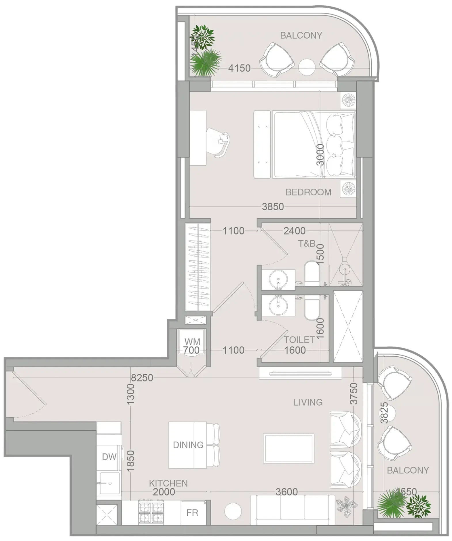 ALTA V1EW 1 bed floor plan, 750 sqft