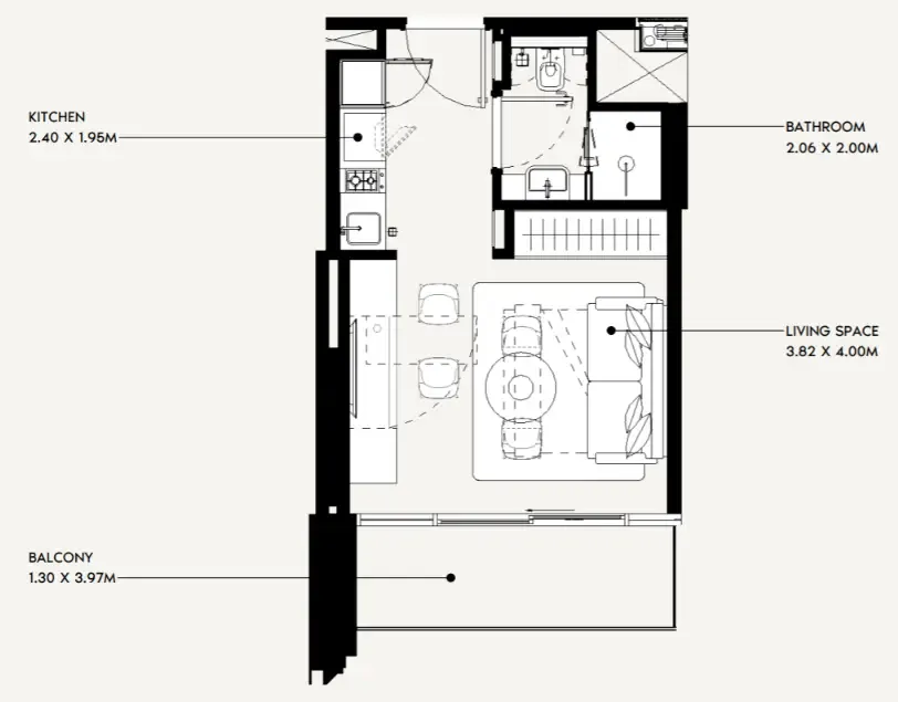 Jaddaf Beach Oasis Studio floor plan, 329 sqft