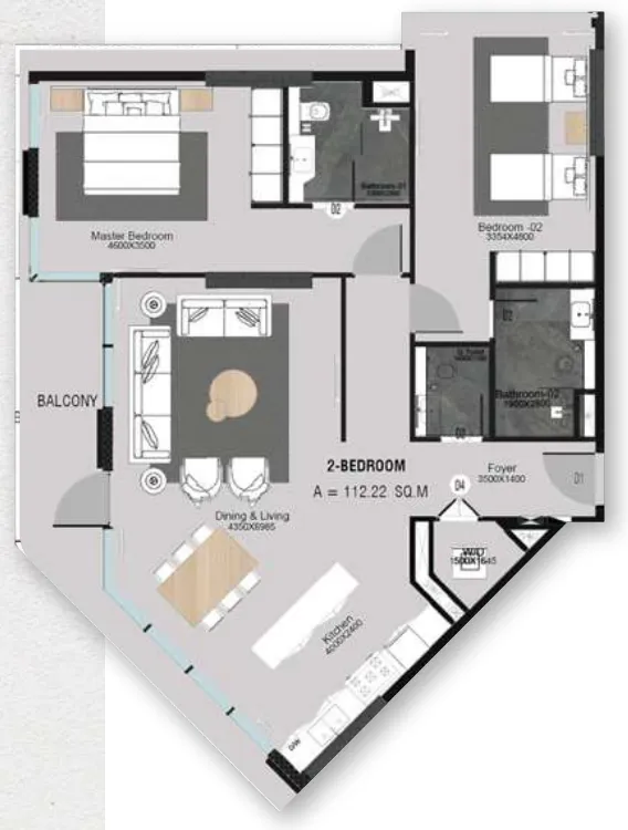 Cresswell Plaza 2 bed floor plan, 1,290 – 1,291 sqft
