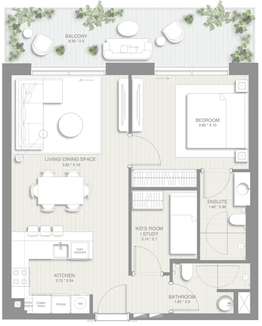 Sol Levante 1 bed floor plan, 883 sqft