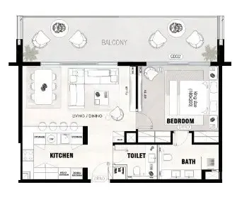 Solcasa Residence 1 bed floor plan, 934 sqft