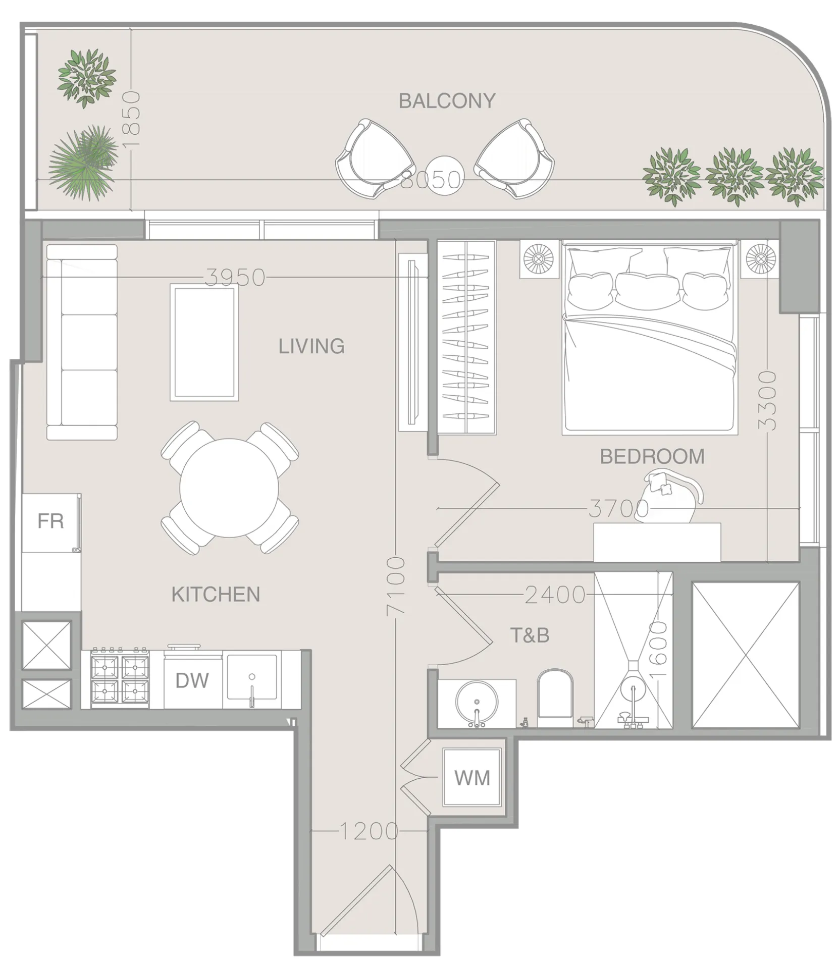 ELAR1S Axis 1 bed floor plan, 641 sqft