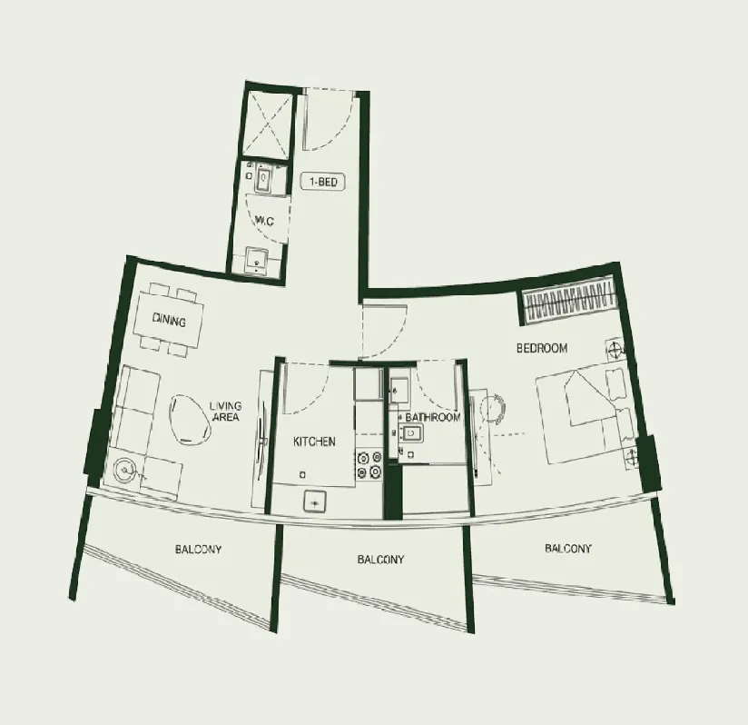 Binghatti HillCrest 1 bed floor plan, 812 – 877 sqft