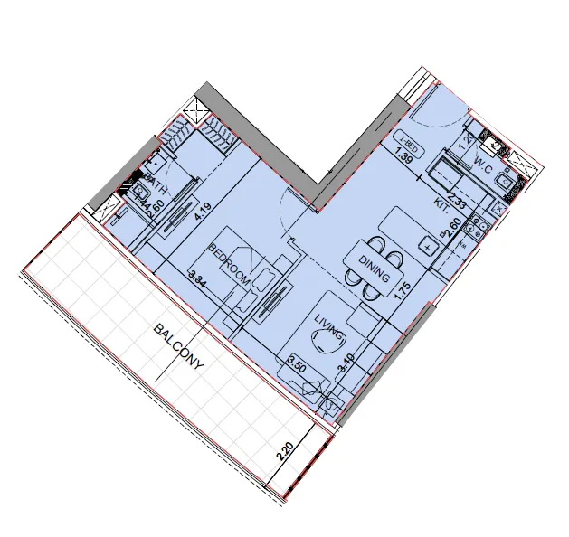 Binghatti Aquarise 1 bed floor plan, 822 – 824 sqft