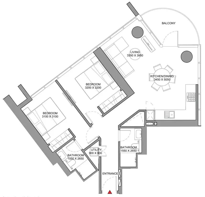 Sobha Orbis 2 bed floor plan, 987 sqft