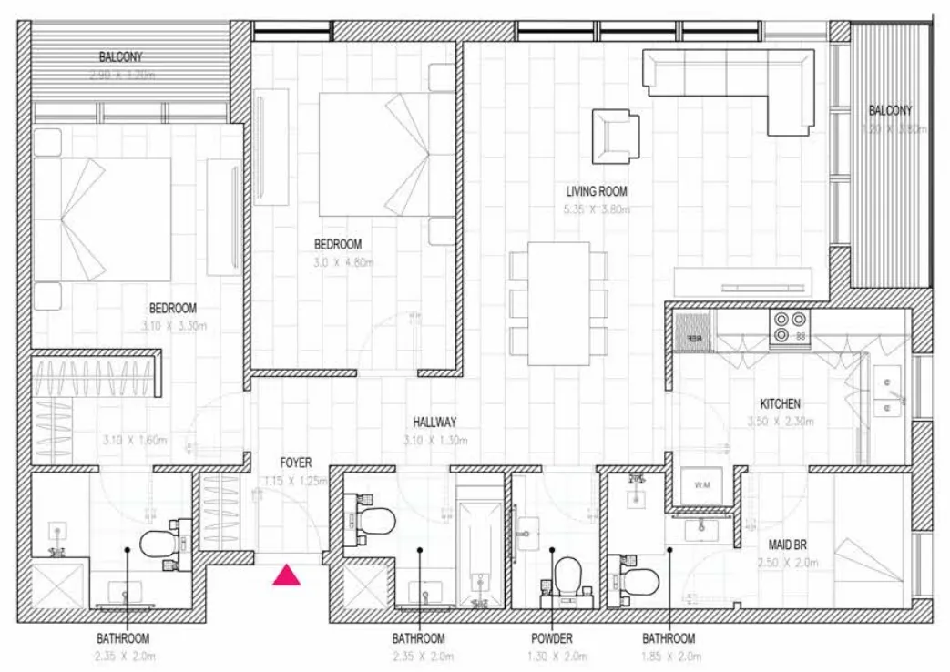 Al Mamsha Sharjah 2 bed floor plan, 1,326 sqft