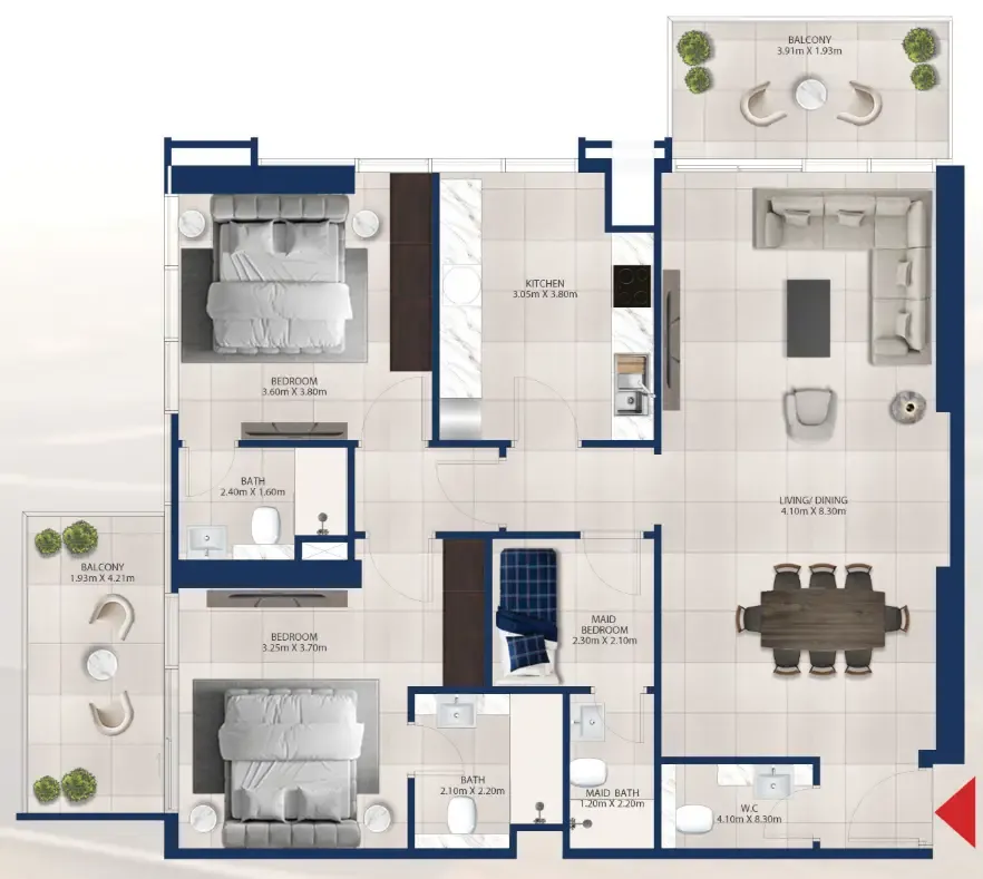 Al Vista 2 bed floor plan, 1,304 sqft