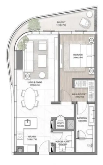 DG1 Living 1 bed floor plan, 1,051 sqft
