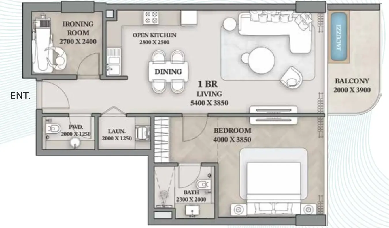 Wellington Ocean Walk 1 bed floor plan, 908 sqft