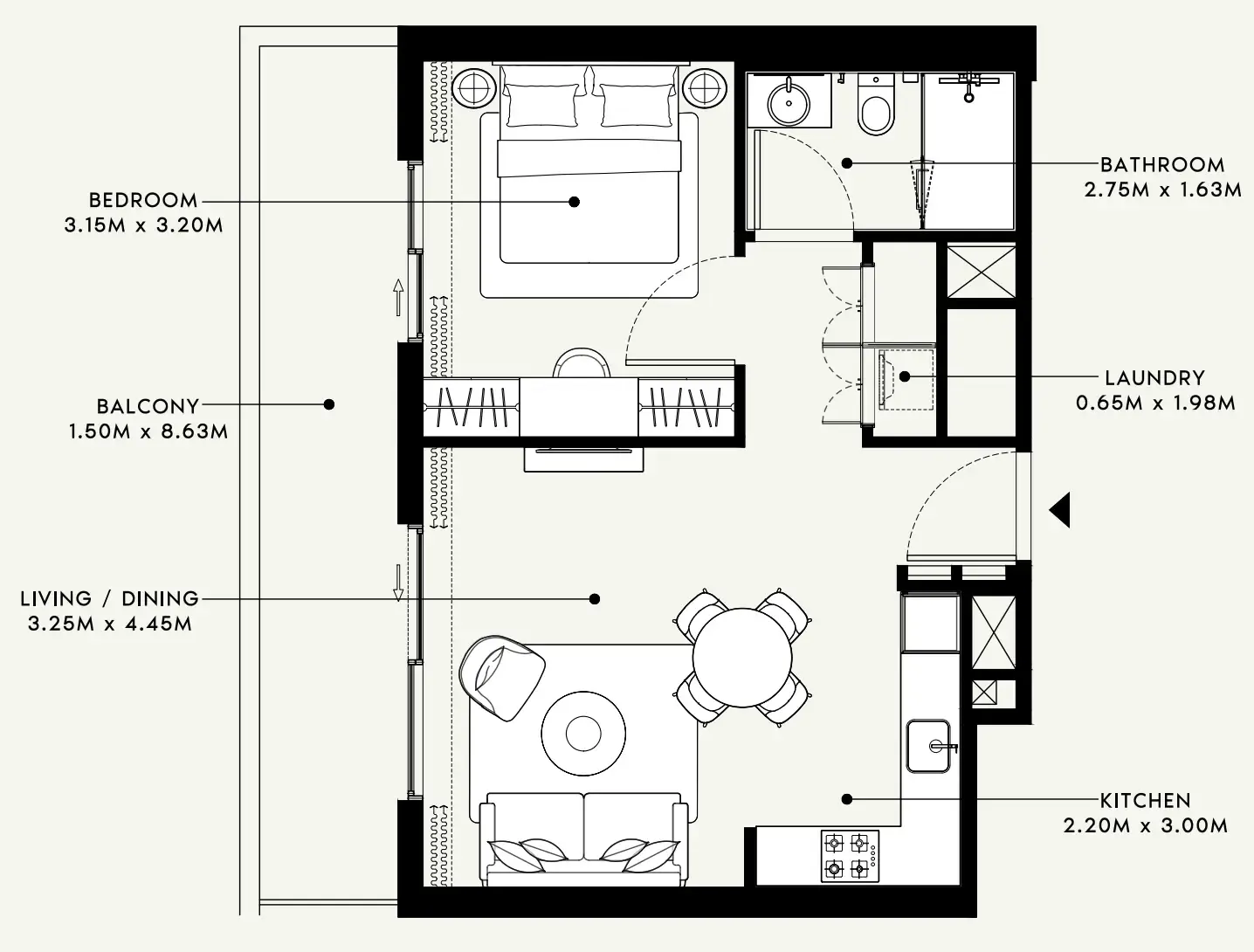 Beach Oasis 1 and 2 1 bed floor plan, 693 sqft
